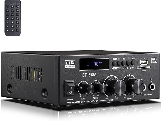 Facmogu BT-398A Stereo Digital Audio Amplifier, Max 450Wx2 HiFi Sound Audio Power Amplifier System, 2.0 Channel Receiver Amp for Home Theater Garage w/Fiber/Copper Jack, USB/SD/AUX/RCA/MIC in w/Echo