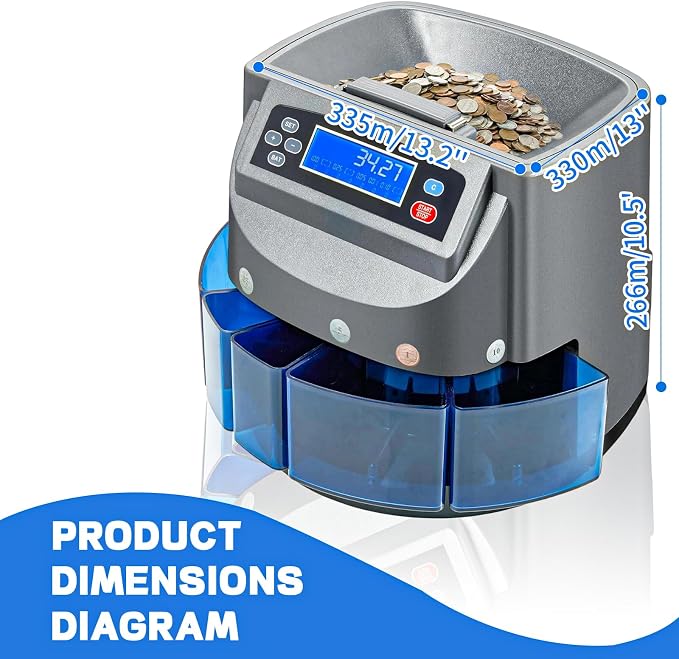 Coin Counter Machine, Coin Sorter Machine with LCD Display, 500 Coins Capacity Automatic Coin Sorter and Wrapper Machine, Change Counter for USD Coin 1￠ 5￠ 10￠ 25￠ $1, Sorts up to 270 Coins/min