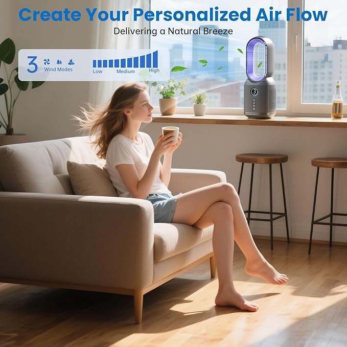 Desk Fan,13 Inch Portable Bladeless Fan, Small Quiet Office Fan with 106° Oscillating, 3 Speeds & Night light, LED Display, Button Control, Personal Table Fan for Bedroom, Office, Home, Study Room
