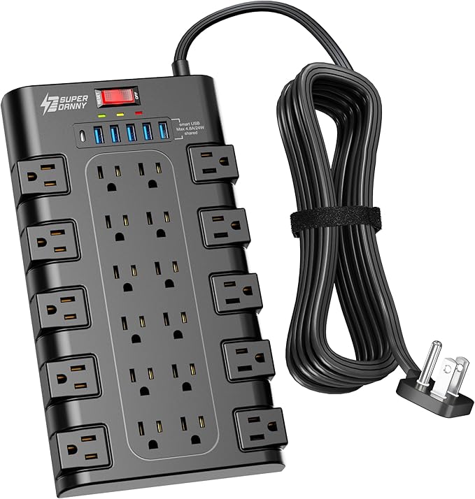 Flat Plug Power Strip 10Ft, SUPERDANNY Surge Protector with 22 AC Outlets and 6 USB Charging Ports, 1875W/15A, 2100 Joules, Heavy Duty Extension Cord 10 ft for Home, Office, Dorm, Gaming Room, Black
