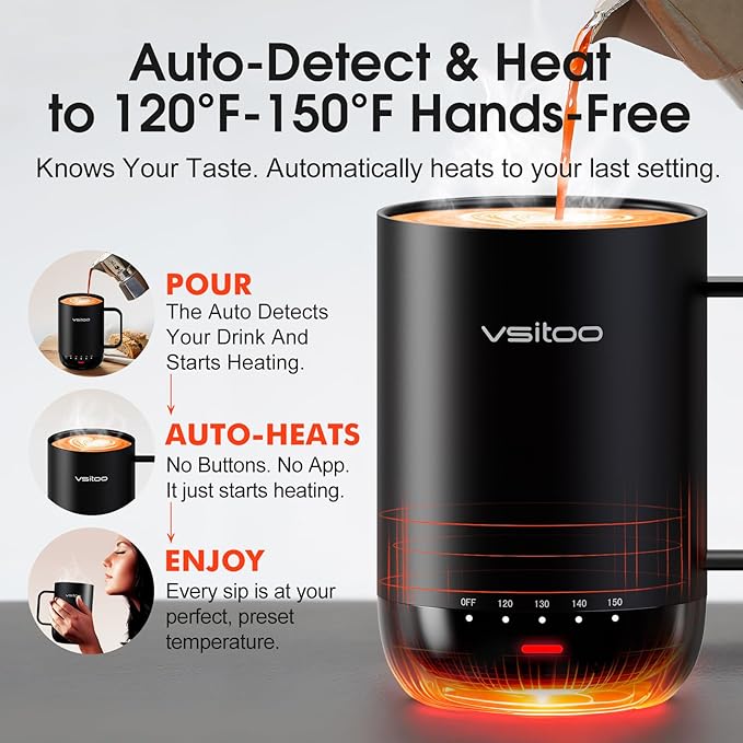 VSITOO S3 Pro 16oz Smart Self Heating Coffee Mug, Heated Coffee Mug with AI Auto-Sensing Temperature Control, 120-150℉ Rechargeable Smart Mug Warmer, IPX7 Waterproof, Gift for Men Women, Black