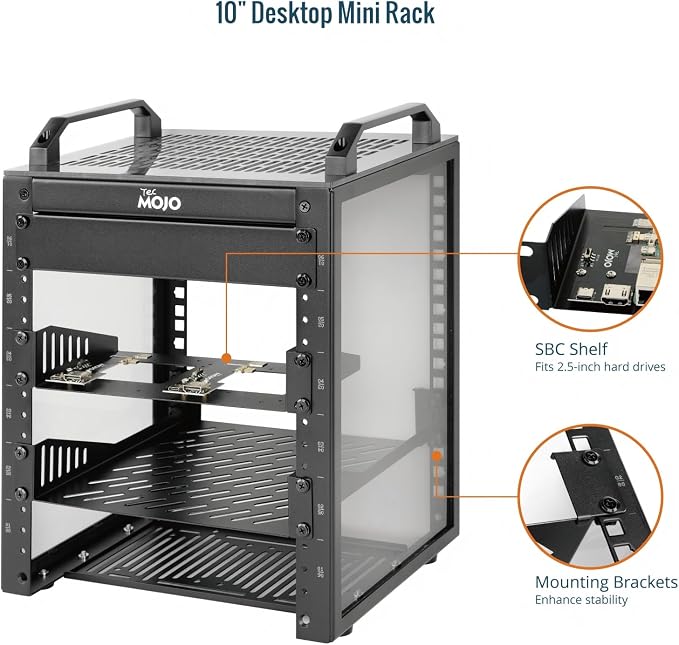 Tecmojo 6U Network Rack, 10 inch Mini Server Rack with 2 Side Translucent Panels & 2 Top Handles, 7.87 inch Deep, for 10 inch IT Equipment & A/V Devices, Black