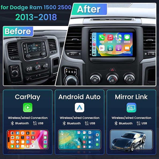 8Core 4+64G Car Radio Stereo Upgrade for Dodge Ram 1500 2500 3500 2013-2018: 7" 1280 * 800 HD Touchscreen, Wireless CarPlay Android Auto GPS Navi 1080P Backup Camera 5G WiFi Bluetooth 5.0 AM/FM SWC