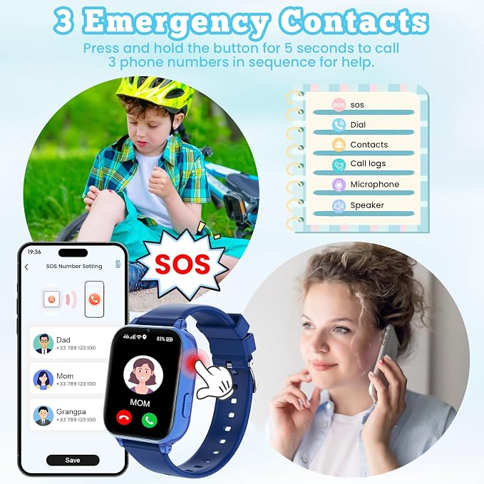 4G Kids Smart Watch GPS Tracker, Smartwatch for Kid with Video Calling, Voice Chat, Class Mode, SOS, Pedometer, Alarm, SIM Card HD Touch Screen Phone Watch Gift for 4-12 Girls Boys (Blue)