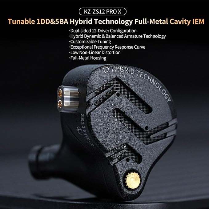 in Ear Monitor IEM Headphones,KZ ZS12 PRO X 1DD+5BA Hybrid with 4-Level Tuning Switch Gaming Earbuds,KZ Earbuds Earphones,Best in Ear Headphones (Dark Black,Tunable Version, NO Microphone)