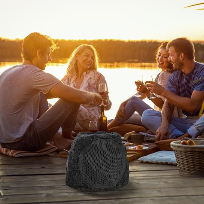 Outdoor Speakers Solar Powered & USB-C Rechargeable, Rock Speakers TWS Pairing Wireless Outdoor Speaker Bluetooth 5.4, LED Light Show, Waterproof, ideal for Backyard BBQ, Garden, Poolside (2-Pc,Black)