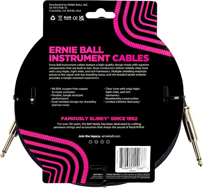 Ernie Ball Braided Instrument Cable, Straight Straight, 25ft, Purple/Black