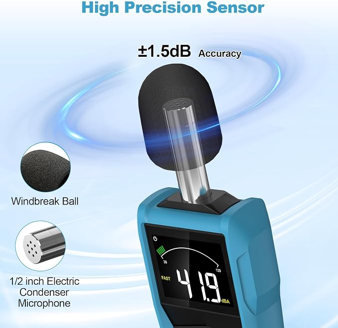 Decibel Meter, DURFICST Sound Level Meter with LCD Color Screen, 30-130dB SPL Meter with A/C Weighting, Data Hold, MAX/MIN,dB/SONE Unit,FAST/SLOW Response,for Home, Office, Factory, Noisy Neighbors
