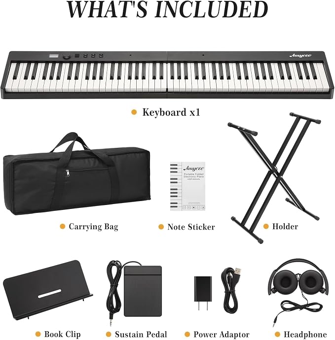 88 Key Full Size Portable Folding Electronic Keyboard Piano Set Built-in Speakers,Electric Piano Keyboard,Digital Piano,Power Adaptor,Bluetooth,Carrying Bag,Headphones,Note Sticker