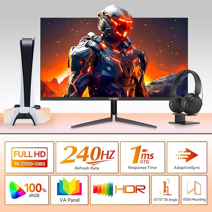 CUNPU 24 Inch 240Hz Gaming Monitor, 1080p FHD, Fast VA Panel, 1ms Adaptive Sync, Ultra Slim Frame, 16.7M Colors, sRGB 100%, HDMI 2.1 & DP 1.4, VESA, Eye Care, for PS5, Xbox, Gaming Computer Monitor