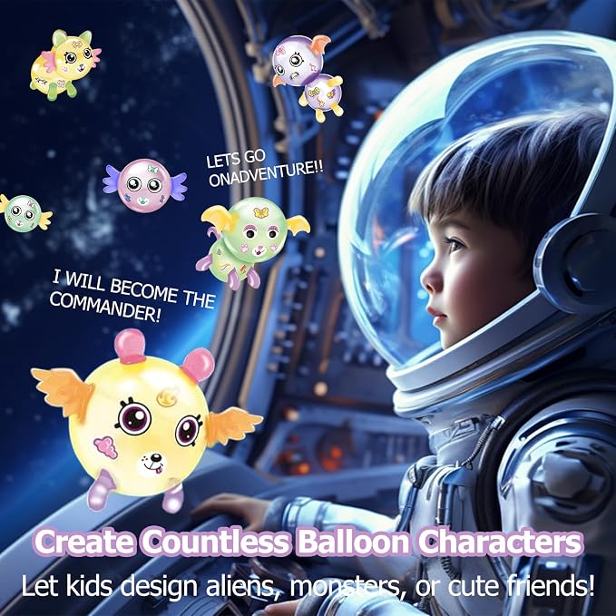 sticky balloon Rocket kit Ages 3-8 with Air Rocket Pump(4.28" x 5.9" x 7.08") Soft balloon, Stickers & Eyes Build Balloon Animals No Glue No Mess, Screen-Free Travel Gift for Girls Boys