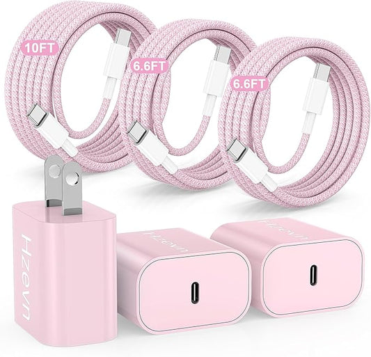 Fast Charging for iPhone 15 16 Pro Max Charger Colorful, 3Pack 20W USB C Fast Chargers Block with 6/6/10ft Long USB C to C Braided Cable Compatible with iPhone 16/15 Pro/15 Plus/iPad Pro 13/12.9,Pink