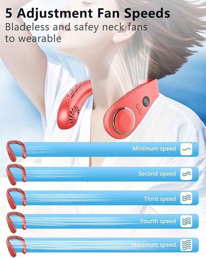 Neck Fan with Cooling Plate, Rechargeable 5500mAh Battery Operated, LED Displays & 5 Speeds Settings Neck Air Cooler, Hands Free Wearable No Blade Necklace Fan for Kids Men Women Outdoor Indoor, Red