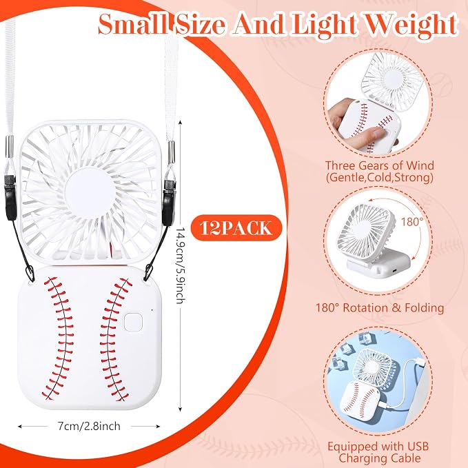 Retisee 12 Pcs Baseball Mini Portable Handheld Fans 3 Speed USB Rechargeable Necklace Fans Bulk 180° Foldable Electric Personal for Sport Party Favors Team Game Gift (White,Baseball)