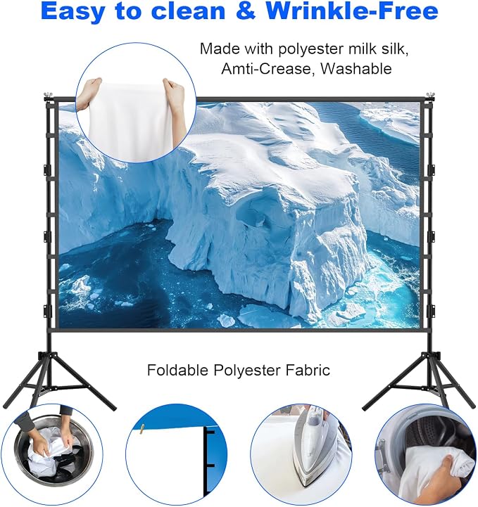Outdoor Projector Screen with Stand, 150 inch Portable Projection Screen Wrinkle-Free 16:9 4K Rear Front Movie Screen with Carry Bag for Indoor Home Theater, Camping and Backyard Entertainment 150inch