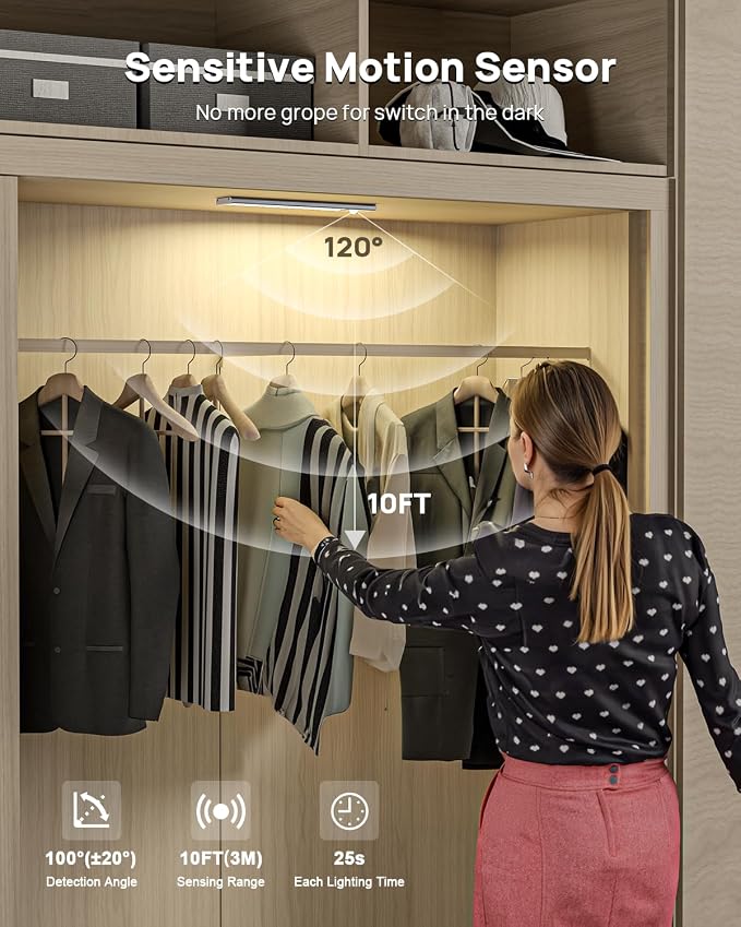 9inch Under Cabinet Lighting Wireless, Rechargeable Motion Sensor Indoor Light, 3 Color Temps & Dimmable Closet Lights with Remote, Magnetic Under Counter Light for Kitchen, Stairs, Wardrobe, 5 Pack