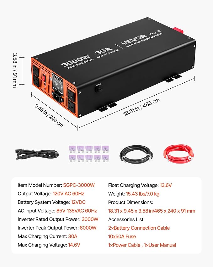 VEVOR 3000W Sump Pump Battery Backup System, LCD Display, Auto Switches to Battery Inverter Power for Sump Pump, Pure Sine Wave, for Basement Protection Emergency and Power Outage, Battery Not Include