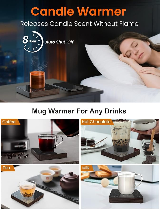 Coffee Mug Warmer with 15W Wireless Phone Charger & 3A USB Charging Port, 3 Temp Settings & 8H Auto Shut Off, Candle Warmer Plate for Heating Coffee, Milk, Tea & Candles,Valentine's Day Gift(Wood)