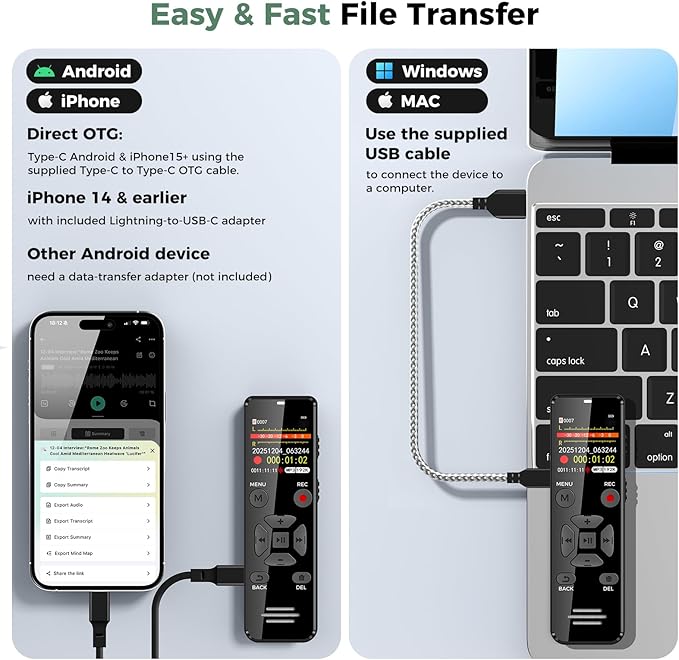 64GB AI Digital Voice Recorder with Playback: AI Transcribe & Summarize Note Taker, Voice Activated Recorder for Meetings & Lectures, 113 Languages Portable Recording Device, OTG Connection