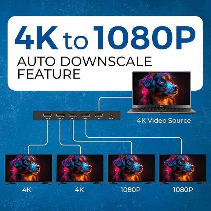 OREI 1x4 HDMI Splitter 4K 60Hz with Audio Extractor – HDMI 2.0b Splitter 1 in 4 Out with 4K to 1080p Downscaling, HDR10+, Dolby Vision, HDCP 2.3, Optical & 3.5mm Audio Out