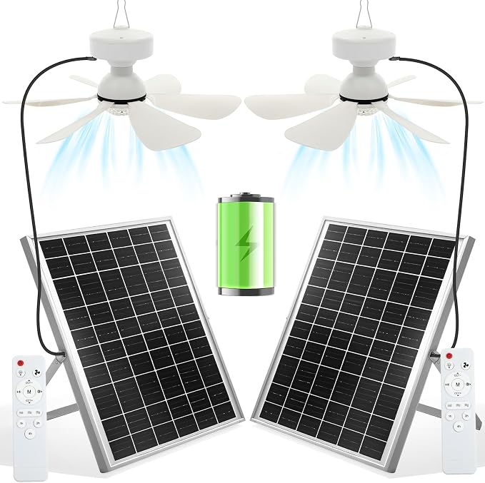 2 Set Solar Ceiling Fan Light Kit 16.5”, 25W Outdoor Solar Powered Gazebo Fans with 3 Color Light and Remote Control, Portable Fan for Patio Canopy Shed Rv Porch Chicken Coop Camping Tent