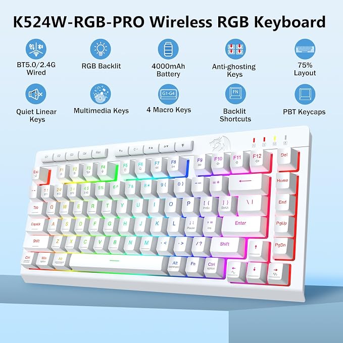 Redragon Wireless Gaming Keyboard, Bluetooth/2.4GHz/USB-C Wired, RGB Backlit, Portable 75% Mini Quiet Macro Membrane Keyboard, Rechargeable 4000mAh Battery, Anti-Ghosting for Win/MAC, White