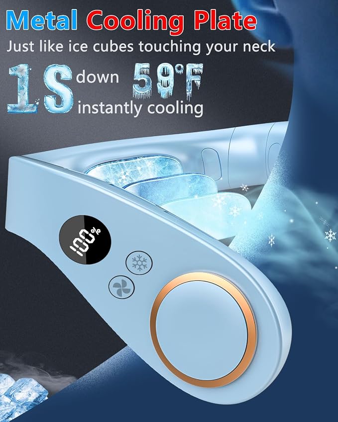 Neck Fan with Cooling Plate-24H Quiet Powerful Fans that Blow 5 Speed&Power LED Display-USB 5500mAh Bladeless Wearable Personal AC Cooler for Light Blue