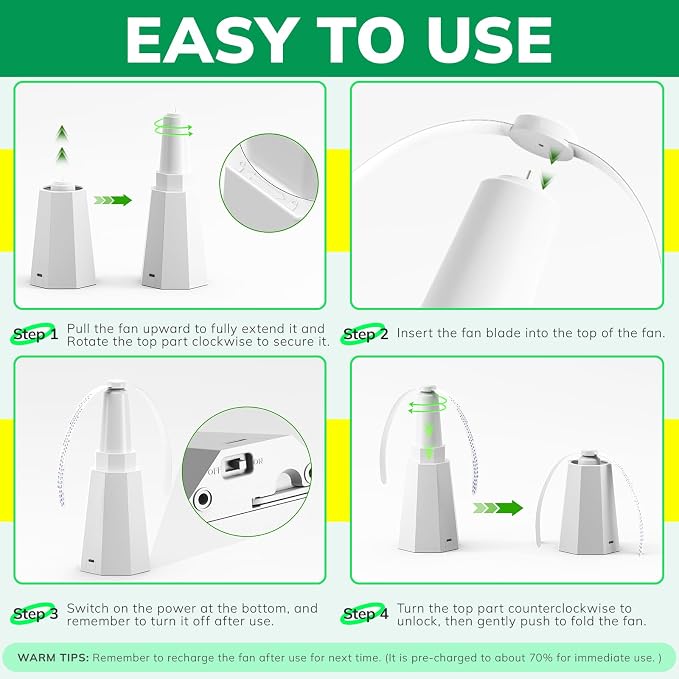 4-Pack Rechargeable Fly Fans for Tables Up to 10-Hour Working Time, Indoor Outdoor Mute Food Fans to Keep Flies Away, Retractable Table Fans with Hook for Home Restaurant Party Picnic Patio, White
