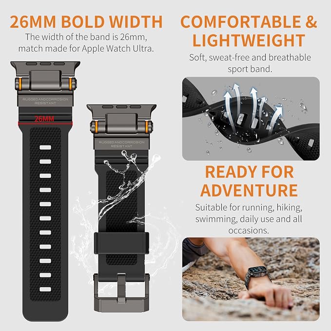 FOAMUNOC Rugged Band Compatible with Apple Watch Ultra 3/2/1 Band 49mm/46mm/45mm/44mm/42mm, Metal Connector with Strap for iWatch Ultra Series 11/10/9/8/7/6/SE3/SE2/SE/5/4/3/2/1, Space Gray Black