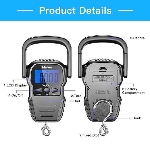 Luggage Scale, 110lb/50kg Luggage Weight Scale with Backlit LCD Display, Digital Fish Scale with Measuring Tape Portable Hanging Scale Suitcase Scale with Handle & Large Hook & 2 AAA Batties