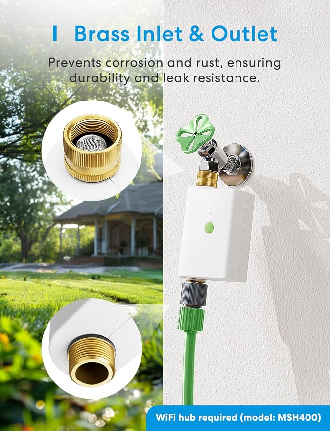meross WiFi Water Hose Timer, Smart Sprinkler Timer with Brass Inlet & Outet, Work with Apple Homekit, Alexa & Google Assistant, Water Valve for Lawn, Garden, Yard and Pool, MSH400/MSH450 Hub Required