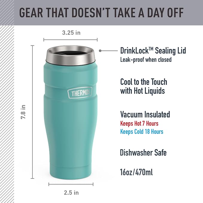THERMOS Stainless King Vacuum-Insulated Stainless Steel Tumbler - 16oz, Matte Teal - Insulated Coffee Tumbler for Hot & Cold Drinks - Leak-Proof & Sweat-Proof for Commuting & Traveling