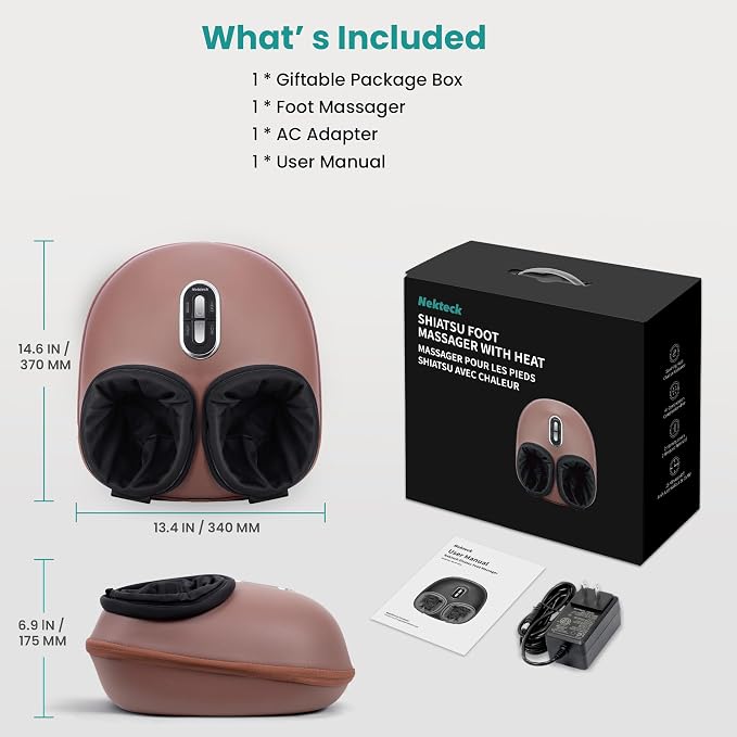 Nekteck Shiatsu Foot Massager with Heat, 2026 Upgraded Air Compression Electric Heated Feet Massage for Neuropathy Plantar Fasciitis, Deep Kneading Therapy Improve Blood Circulation, Size Up to US 13