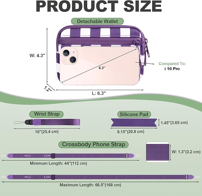 YFWE Clip and Go Strap for Phone with Wallet Crossbody, Adjustable Phone Lanyard with Detachable RFID Wristlet Wallet, Phone Strap with Phone Tabs for All Phones, Purple Checkered (M)