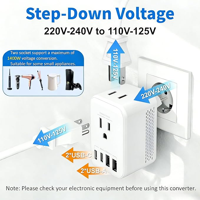 220v to 110v Converter Travel Voltage Converter European Plug Adapter Travel Power Adapter Canada to Europe with 2 USB A 2 USB C & UK US EU AU South Africa for Hair Dryer (White)