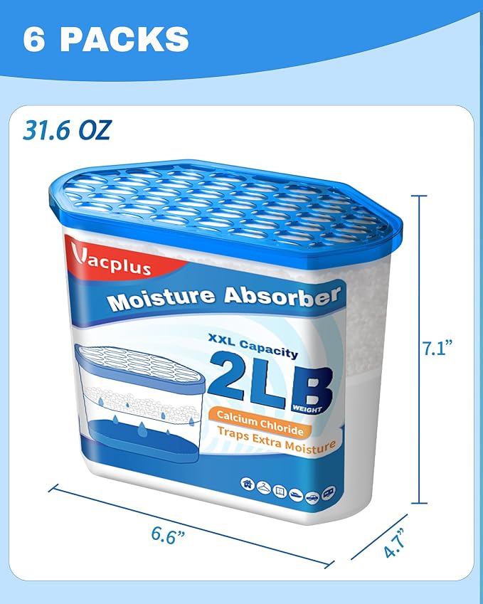 Vacplus Moisture Absorber Buckets 6 Pack – Large Capacity Dehumidifier and Humidity Absorber for Closet, Basement, Bathroom, RV, and Storage Areas, Unscented, 2 lbs, 7.1" x 4.7" x 6.6"