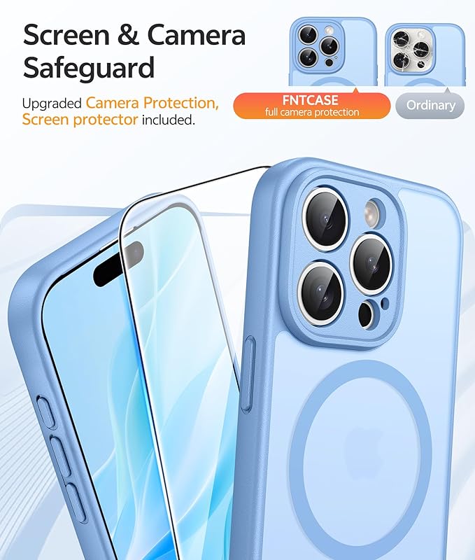 FNTCASE for iPhone 15 Pro Case: [Compatible with Magsafe] Translucent Matte Cases with [Full Camera Protection] [Screen Protector] Military Grade Shockproof Protective Phone Cover - Light Blue