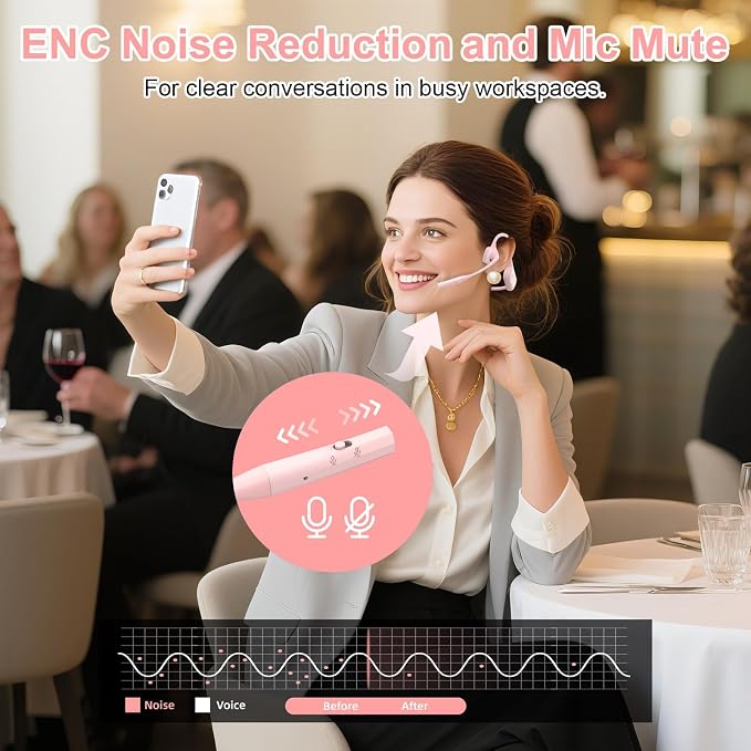 ZIOCOM Open Ear Headphones, Bluetooth 5.1 Headset with Mic, ENC Noise Cancelling and Mute Button, AptX-LL Wireless Headset for Office Driving Working Home-10 Hrs(Not Bone Conduction) (Pink)