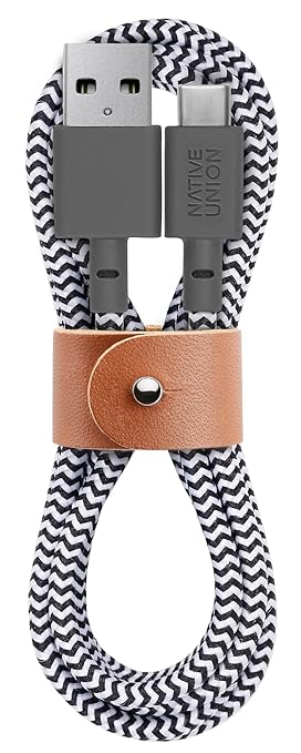 Native Union Belt Cable USB-A to USB-C - 4ft Ultra-Strong Charging Cable with Leather Strap – Compatible with iPhone 17 Pro, 17e, iPhone Air, Galaxy S26/S25 Ultra, Fold 7/Flip 7, iPad Pro (Zebra)