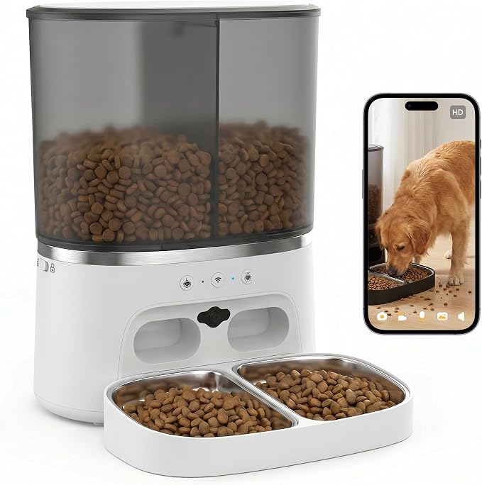 Automatic Cat Feeder with Camera, Automatic Dog Feeder Dry Food, 8L Dual Hopper Auto Cat Food Dispenser, 1080P HD Video with Night Vision/2-Way Audio/APP, 5G WiFi Pet Feeder with Low Food Tray-White