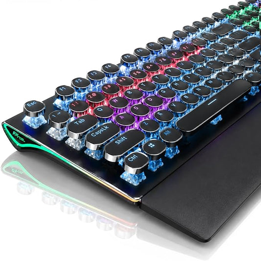 RK ROYAL KLUDGE S108 Typewriter Mechanical Keyboard, Wired Gaming Keyboard with Number Pad, Full Size Retro Keyboards w/Detachable Wrist Rest for Mac/Win/PC, Clicky Blue Switch, Rainbow Backlit Black