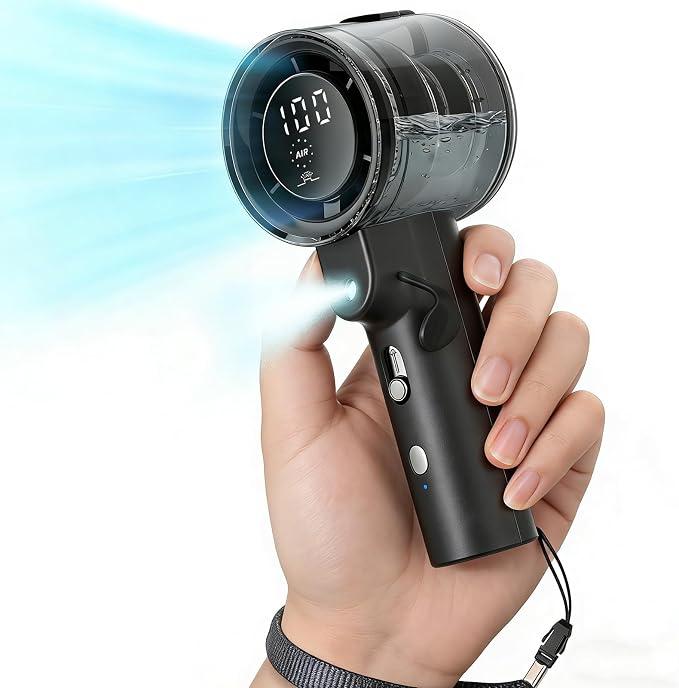 Handheld Misting Fan, 14000 RPM 4000mAh Rechargeable 50ml Tank, 2 Mist Modes Digital Display, Ultra Quiet 38dB USB C Portable Spray Fan for Outdoor Hiking Travel Office Beach Camping