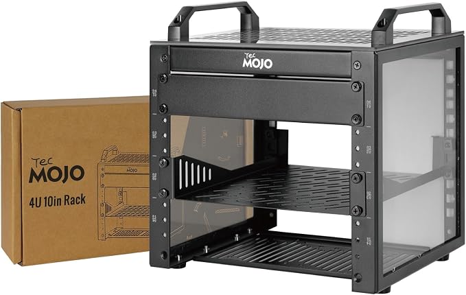 Tecmojo 4U Network Rack, 10 inch Mini Server Rack with 2 Side Translucent Panels & 2 Top Handles, 7.87 inch Deep, for 10 inch IT Equipment & A/V Devices, Black