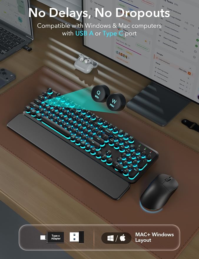Wireless Keyboard and Mouse Backlit - Typewriter Keyboard with Magnetic Wrist Rest, Retro Round Keys, Light Up Letters, 2.4GHz Cordless Combo for Mac, Windows, PC, Laptop, Trueque CK23Pro [Upgraded]