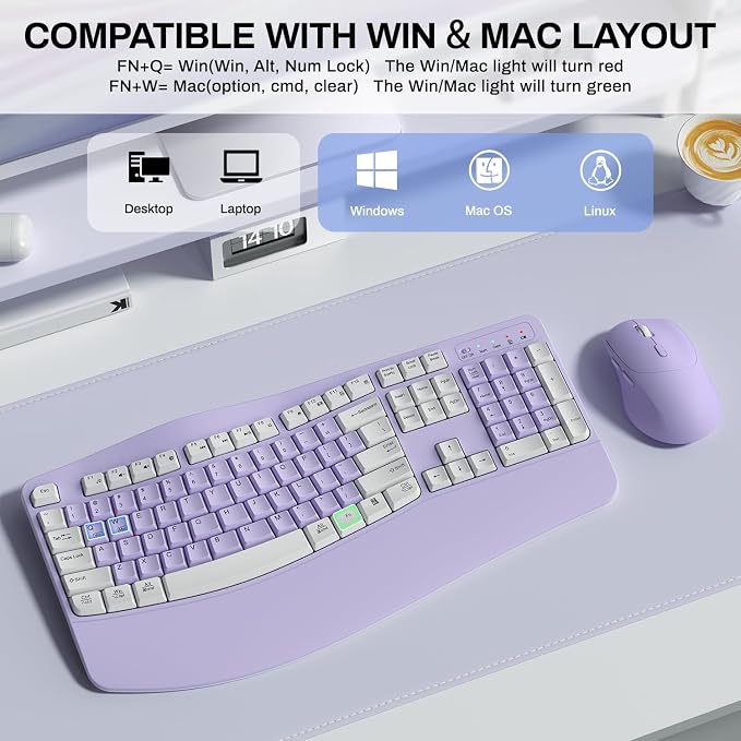 Wireless Keyboard and Mouse Combo,2.4G Full Size Wave Keys Ergonomic Keyboard with Wrist Rest for Natural Typing, 3 DPI Adjustable Ergonomic Mouse for Computer/Laptop/Windows/Mac (Purple & White-A)