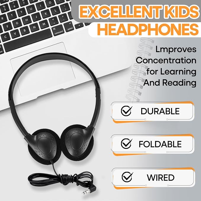 Kids Headphones Bulk 25 Pack for School Classroom K-12, Wholesale Wired Adjustable Headsets for Students Teens Children Gift and Adult (HY857,25 Black)