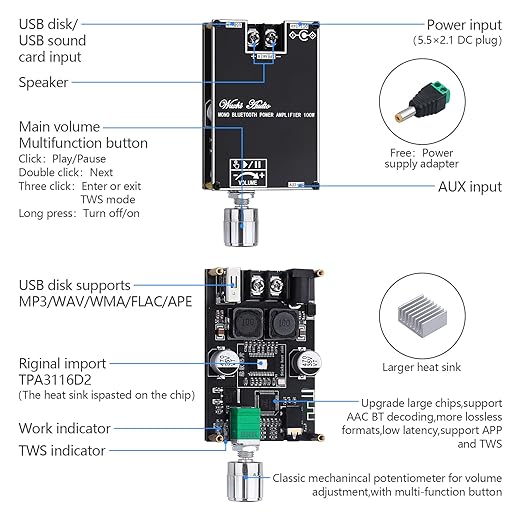 2Pack ZK-1001B Bluetooth Amplifier Board, 100W Mono AMP TWS Mini Audio Power Amplifier Module with Box Matching for Home Speaker System, Bluetooth/AUX/USB Input, APP Control DC 7-24V