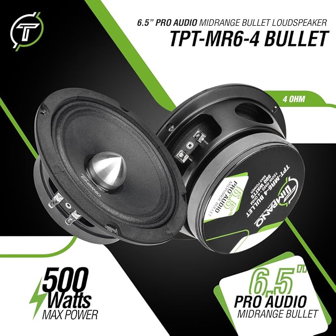 Timpano 1600 Watts Bundle 2X 6.5 Midrange Speakers TPT-MR6-4 Bullet 500 Watts, 4 Ohm + 2X Super Tweeters TPT-ST2 Chrome for Car Audio Systems (2 Speakers, 2 Tweeters)