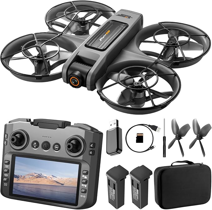 Drone with UHD Camera, Drone with Screen on Controller for Beginners, Remote Control Quadcopter with 2 Batteries, One Key Start, Easy to Fly, Altitude Hold, 3D Flips, Carrying Case （Dark Gray）