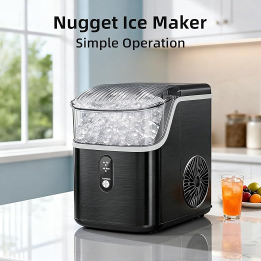 Antarctic Star Nugget Ice Makers Countertop, Pebble Ice Machine with Chewable Pellet Ice, 35Lbs/24H, Self-Cleaning, Sonic Ice, One-Click Operation, for Kitchen,Party Stainless Steel Black